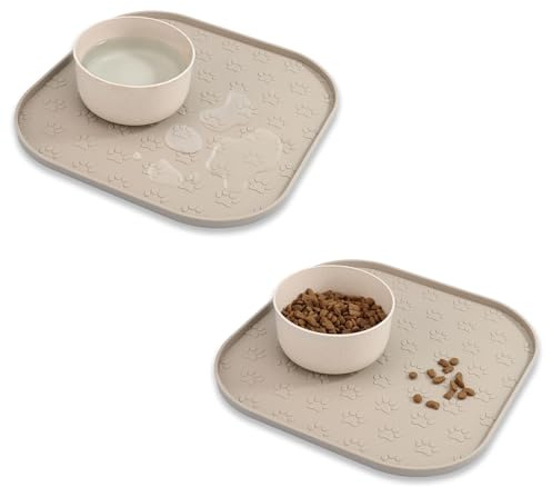 2 stück Quadratische Napfunterlage für Hund Katzen, hundenapf unterlage fressnapf Hund Futtermatten aus Silikon wasserdichte rutschfeste Fressnapf mit Rand, Spülmaschinenfest (2 Beige, 28 x 28 cm)