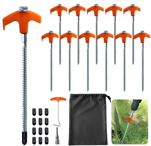 12Pcs Stuck Schraubheringe Camping, Drehbare Zeltheringe zum Schrauben mit Gewinde, Camping Heringe Schrauben, Heringe Erdnägel Stabil für Harten Boden,Wald, Wiesen (orange)