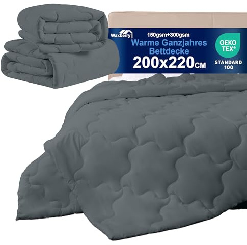 Waxberry 4 Jahreszeiten Bettdecke 200x220, 2 Teilig Set - Winterdecke 450gsm - Ganzjahresdecke 300gsm + Sommerdecke 150gsm, Weiche Steppdecke Waschbar Anti-Allergisch, Dunkelgrau
