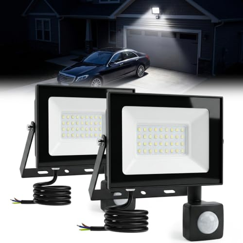 Lustaled 30W LED Motion Sensor Security Light Outdoor 6500K IP66 2-Pack | 2000LM Cool White, PIR Motion Sensor, Waterproof, Security Flood Lights Outside Mains Powered for Garden Yard Patio Garage