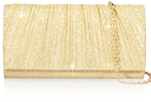 Larcenciel Pochettes et Clutches Femme, Pochette Dorée Femme Soirée à Paillettes Brillant avec Chaîne Détachable, Sac à Main en Plissé, Sac Bandoulière Tendance pour Mariage Fête Cocktails, 22x11x5cm