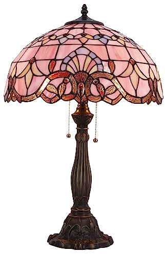 WERFACTORY Tiffany Lamp Pink Stained Glass Baroque Bedside Table Lamp Style Desk Light 16X16X24 Inches Decor Bedroom Living Room Home Office S003P Series
