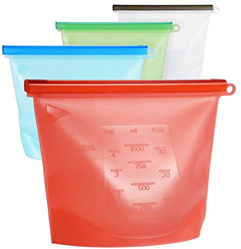 Lot de 4 sachets alimentaires réutilisables en silicone, pour conserver et cuisiner isotherme sous vide, Sac hygiénique scellé pour congélateur au micro-ondes, Sacs pour, liquide, goûter, fruits