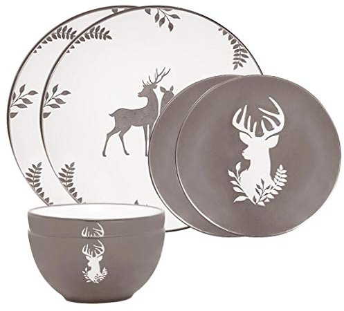 6 Piece Grey Reindeer Stoneware Dinner Set | Dishwasher Safe, Microwave Safe, 2 Dinner Plates, 2 Side Plates, 2 Dessert Bowls, Ceramic, Glazed, Dinnerware Set
