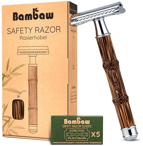 Bambaw Rasoir de Securité Femme & Homme avec 5 Lames de Rechange, Rasoir de Sureté Réutilisable pour le Visage & le Corps, Précis et Agréable à Utiliser (Bambou Fin Argenté)
