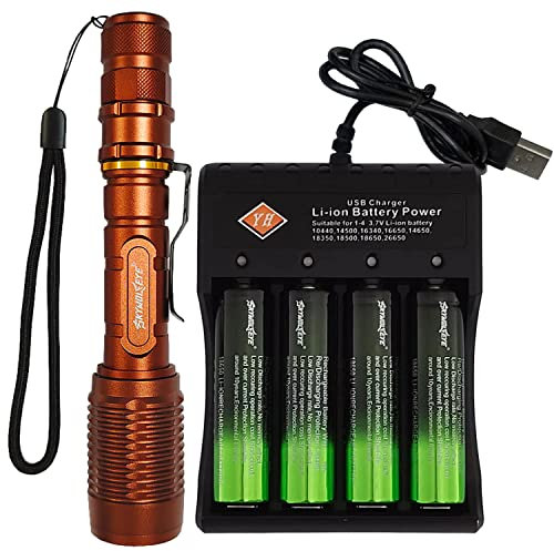 VISVIC Bright Torch, 4-Slot USB Battery Charger with Four Rechargeable 18650 Batteries, 5 Modes, Zoomable 18650 Torch, Suitable for Outdoor,Fishing,Dog Walking