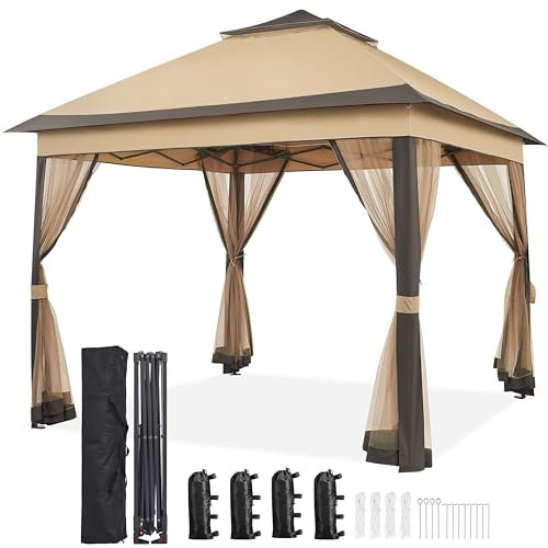Yaheetech Pop Up Gazebo w/Sides, 3.3x3.3m Outdoor Instant Patio Canopy Shelter w/Mesh Netting, Waterproof Garden Gazebo with Sun Shade for Patio, Backyard, Wedding, Party, Double Top, Khaki & Brown