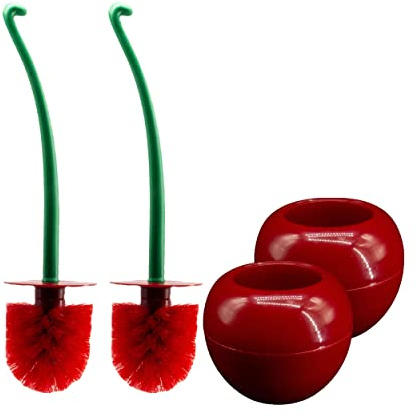 Paradmas Scopino per WC a forma di ciliegia, confezione da 2, carino scopino per WC con supporto e ciotola, manico lungo, rosso