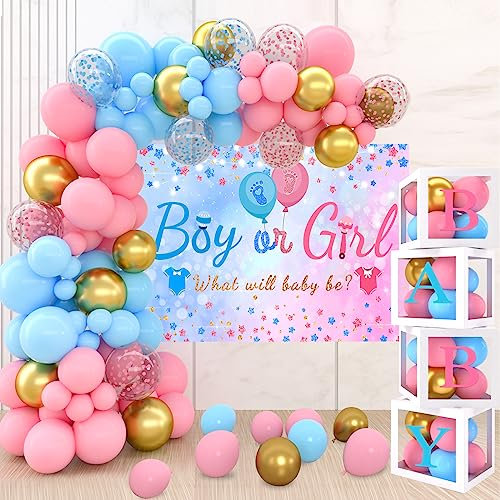 141Pcs Gender Reveal Party Decoration,132Pcs Kit Arche Ballon Rose et Bleu et 4 Boite Baby Et Boy or Girl Toile de Fond, Ballon Gender Reveal Decoration Bapteme Fille Garcon Ballon Baby Shower Deco