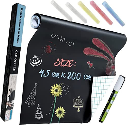 Tafelfolie Selbstklebend Kreidetafel Folie mit 5 Tafelkreide 1 Kreidemarker Tafel Wandaufkleber Tafelfolie Schwarz Tafelpapier Selbstklebende Kreidefolie für Zuhause Büro DIY Zeichnen Deko