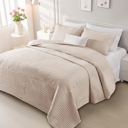 Whale Flotilla Ultra Soft King Quilt Bedding Set, Lightweight Microfiber Brich Beige Quilts Bedspreads Oversized, 3 Piece Ultrasonic Geometric Coverlet Bed Cover for All Seasons