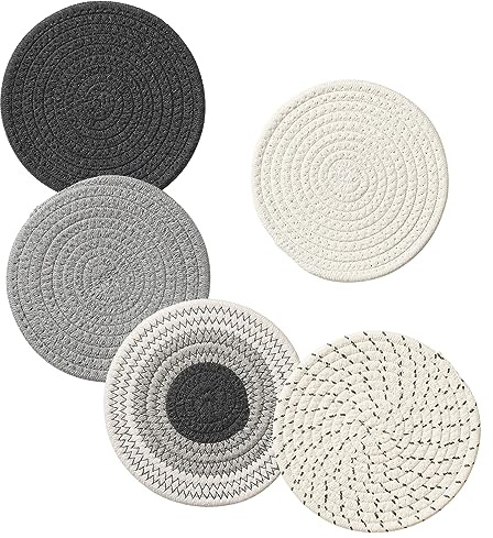 5 Pieces Trivets for Hot Dishes, Potholders Set 100% Cotton Woven Hot Pot Holders Set, Farmhouse Coasters, Hot Pads, Table Mats, Spoon Rest for Baking and Cooking, Kitchen Decor, 7 Inch