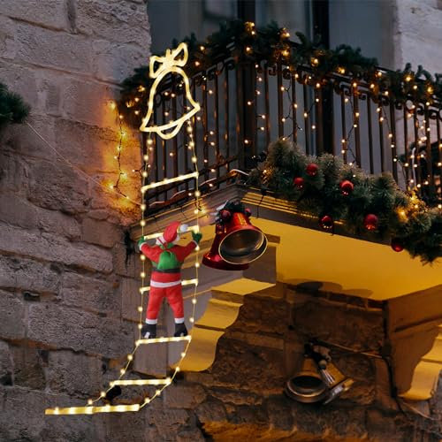 SelfTek Christmas Decorative Ladder Lights with Climbing Santa Claus, LED Christmas Light Decorations with 8 Light Modes for Indoor, Outdoor, Garden (160cm/5.25ft, Warm White)