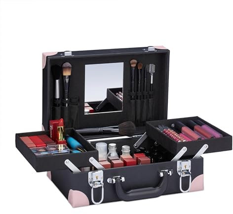 Relaxdays Kosmetikkoffer, für Make-Up, Nagellack, Schminkkoffer mit Spiegel, HBT: 12,5 x 31 x 23 cm, leer, schwarz/rosa