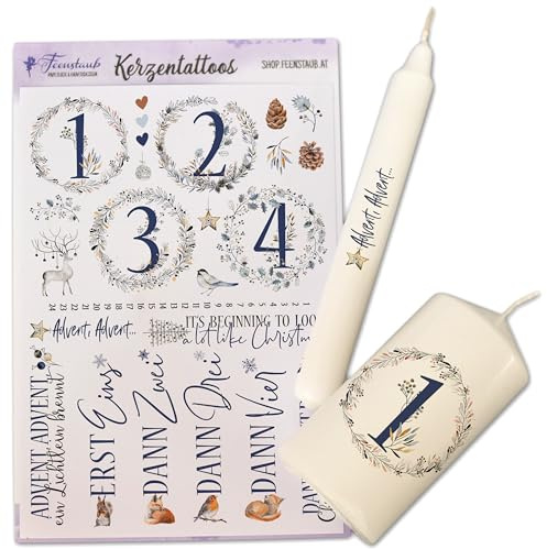 FEENSTAUB Kerzentattoos Weihnachten, Kerzenfolien Weihnachten DIN A5, Wasserschiebefolie Kerzen, Weihnachtskerze 24 tage, Kerzensticker Advent, Kerzen Tattoo Folie Advent, Adventkerzen 1-4
