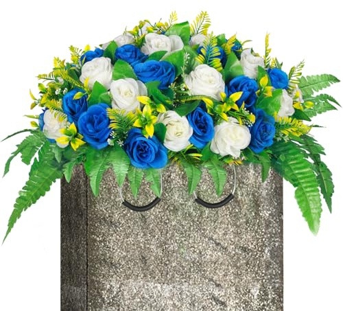Lodou Artificial Cemetery Flowers, Silk Flower Arrangement,Artificial Rose Bouquet Grave Memorial Flowers with Headstone Saddle for Graveyard Headstones Decoration (1, Blue and White)