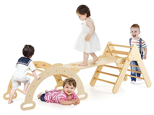 GLACER 5-in-1 Triangular Set of 3, Baby Climbing Toys w/Triangular Climber Arch Ramp Rocker, Indoor Outdoor Playground Wood Climbing Set, Early-Learning Montessori Toys (Natural)