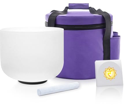 KVKA Cuenco de cristal blanco esmerilado de 432 Hz, cuarzo curativo con sonido de chakra de 8 pulgadas con junta tórica, mazo, funda de transporte (chakra del plexo solar E Note)