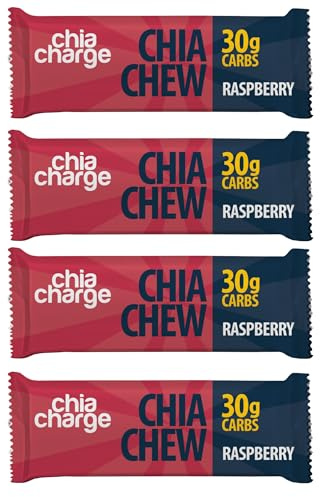 Chia Charge High Energy Chews for Running, Cycling, Hiking, Fitness, and Sports, Gel and Drink Alternative with Pink Himalayan Salt and Milled Chia Seeds, 30g Carbs (Raspberry, 4 Pack)