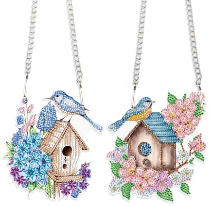 DCIDBEI 2 Set Diamant Malerei Vogel für Erwachsene, Anhänger Diamond Painting Vogelnest, Diamant Painting Teilbilder Anhänger, DIY Geschenk Dekoration Sonnenfänger zum Aufhängen an der Wand