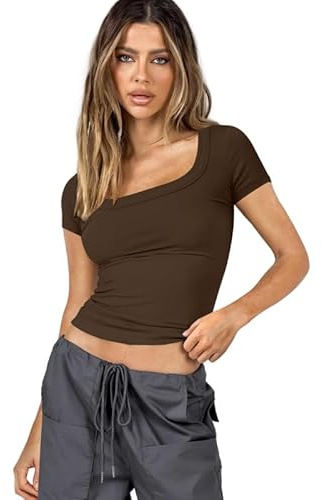 Haibang T-Shirt Donna con Scollo Quadrato Magliette a Maniche Corte Estivo Tops a Costine Elegante Slim Fit Basic Tee Shirts Tinta Unita Maglia Sexy Casual Moda Y2K Streetwear