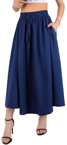 BALAYSIER Jupe Longue Femme avec Poches et Cordon de Serrage Ajustable Jupe Boheme Ete pour Les Loisirs la Plage la Fête(Bleu,M)
