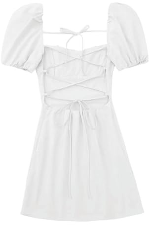Abito da Donna alla Moda, Casual, con Scollo Quadrato, Maniche a Palloncino, Vestito Estivo, Vestiti da Bambola Senza Spalline, Petto Pieghettato e termoretraibile -Bianco-M