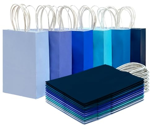 Gcardist 30PCS kleine Geschenktasche 15 * 8 * 21CM mit Griffen Bulk Gift Bags 6 verschiedene blaue Farbbeutel Mehrfachverwendungen (8.3x6x3.15Inch, Kleine Größe)