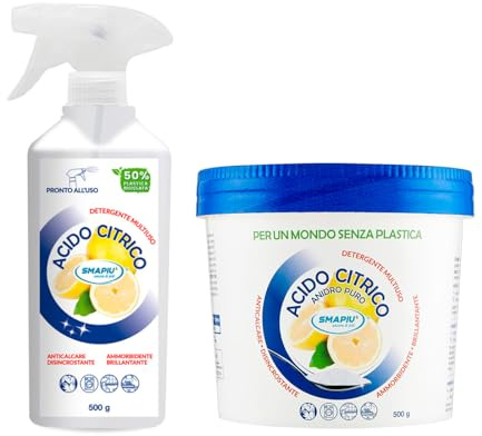 Acido Citrico Spray 500ml + Acido Citrico in polvere 500gr - Smapiù set pulizia ECO - detergente multiuso naturale, anticalcare, disincrostante, ammorbidente, brillantante