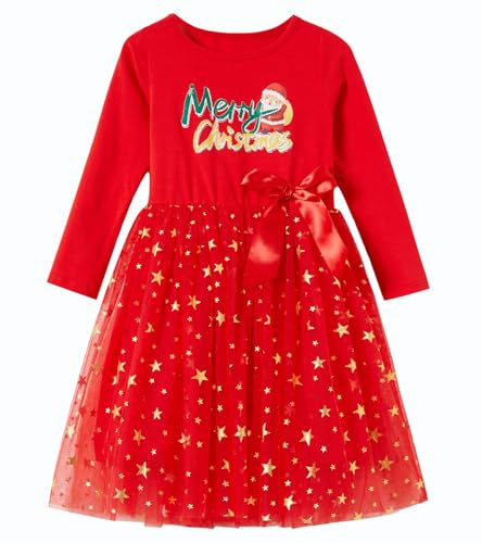 Beganly Vestido Pequeño para Niñas de Navidad, Rojo, Infantil de Manga Larga, Verde, de Tul, Tutu, Vestido de Fiesta, de Navidad, Princesa, Trajes para 2–6 Años, 7 años