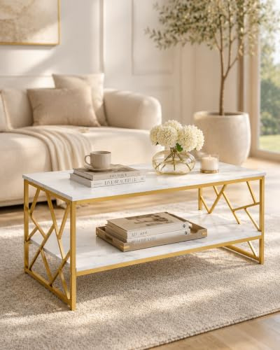 Soayone Mesa de Centro Blanca y Dorada, Mesa Centro Salón Efecto Mármol, Mesas de Centro Modernas con Almacenamiento, Coffee Table Rectangular con Doble Estante, Mesa para Sofá, 110 x 50 x 45 cm