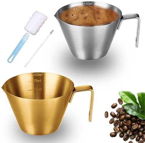 2 pcs tasses à expresso acier inoxydable,gobelet doseur cafe 100ml,verres doseurs tasse à café,verre doseur cuisine,avec outils de nettoyage, adaptés aux machines à café, aux cuisines et aux bureaux