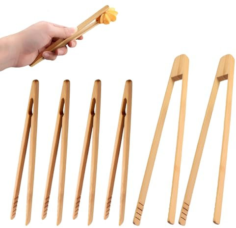 6 Stück Bambus Zange,Holzzange,Grillzange Holz,Rutschfeste Backzange Aus Holz,Bambuszange,Bambus küchenzange,Wiederverwendbar Toast Tongs,für Küche,Restaurant,Toaster,Salat (18 cm/30 cm)