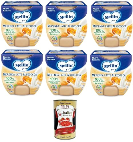 Mellin Merenda Latte e Albicocca al Cucchiaio Milch-Aprikosen-Snack mit Löffel 6x200gr (2x100gr) + Italian Gourmet polpa 400g