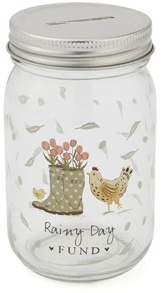 Cooksmart Hen House Lane Glass Money Jar | Farmhouse Design Savings Jar | Clear Glass with Silver Screw Top & Coin Slot | Fun & Practical Home Decor | Ideal for Spare Change & Gifting