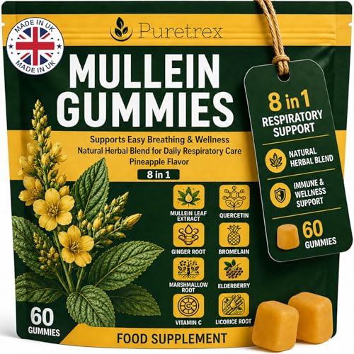 PURETREX Mullein Gummies for Respiratory Support, Lung Cleanse & Immune Support, 8 in 1 Herbal Blend with Quercetin Bromelain Elderberry Ginger & Vitamin C, Vegan Gummies, Made in UK, 60 Count