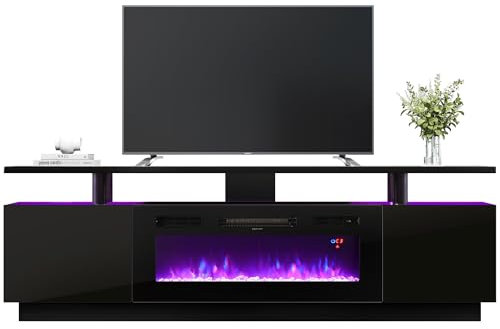 Warmiehomy Electric Fire Insert TV Stand, TV Unit with Fireplace Built in, 12 Colors Moon Light & 12 Flame Effect Support, 36 Fireplace, for 78''TV, Remote Control & Overheat Protection, Black