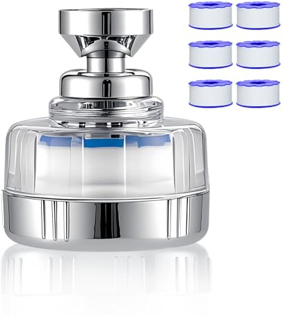 Kalkfilter Wasserhahn, Universeller Wasserfilter für den Wasserhahn, Tap Filter, Anti-Kalk-Filter mit 6 Hochleistungsfiltern aus PP, 360° drehbare Sprühdüse, Geeignet für Küche, Bad