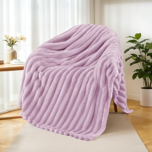 Exclusivo Mezcla Soft Striped Fleece Blanket, Lilac Purple Sofa Bed Throw | Lightweight Cozy Breathable Throw Blanket for Adults, Stylish Jacquard Blanket for Bed, Living Room, All Seasons, 127x152cm