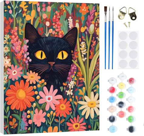 RICUVED Schwarze Katze Malen nach Zahlen Kinder mit Rahmen-Tiere Paint by Numbers für Kind, Cute Ölgemälde Kinder ab 5 6 7 8 9 Jahre für Hause Dekoration Verwendet Werden 20x30cm