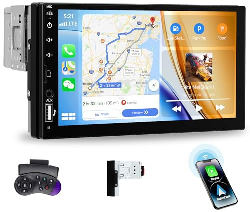 [WIRELESS] CAMECHO 7 Pollici Stereo 1 DIN con YouTube Carplay Wireless Android Auto, Autoradio con Schermo, Vivavoce Bluetooth 5.2, FM/RDS Radio, Mirror Link, Supporta USB/TF card/Aux-in