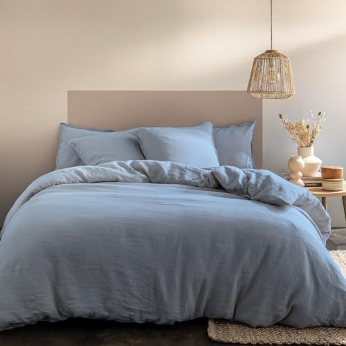 MATT & ROSE Parure de lit Unie Passion Lin 2 Personnes | 100% Lin Lavé | Oeko-TEX® Standard 100 | Housse de Couette 240x220 + 2 Taies d'oreiller 50x70 cm (Bleu Orage, 240x220+2x50x70cm)