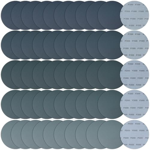 Disques Papier Abrasifs 150mm Autoagrippant, Rond Papier de Verre Grain 1000 1500 2000 3000 5000, 50 Pièces Grille Papier a Poncer pour Auto, Mastic, Plastique, Vernis, Ponçage Sans Poussière