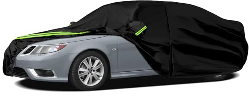 Autoabdeckung Wasserdicht Ersatz für SAAB 9-3 1998-2014, Abdeckplane Autogarage mit Türreißverschluss Schloss, Upgrade Vollgarage Reflexionsstreifen Schneeschutz - Schwarz