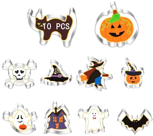 Halloween Ausstechformen Set 10 Stück Edelstahl, Keksausstecher – Kürbis, Fledermaus, Hexenhut, Katze, Geist, Ausstechformen für Halloween Party Dekorationen