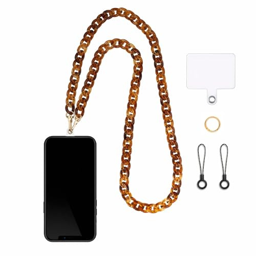 Zscendence Cordon Telephone Portable Universelle avec Patch Chaîne Téléphone Portable Réglable Longue Chaine Laniere en Acrylique Compatibles avec Plupart des Smartphones (Marron)