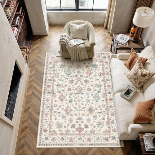 PureCozy Teppich Wohnzimmer 120x170cm Waschbarer Teppiche,Multicolore | Blumenmuster,Waschbar, Rutschfest, Kurzflor, Weich, Schlafzimmer, Esszimmer, Büro, Flur, Kinderzimmer