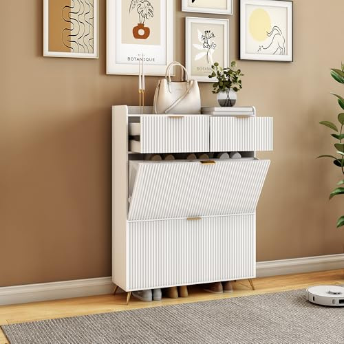 Schuhschrank mit 2 Klappen und Ablagefach, Schuhkipper Schmal mit Ablageflächen Verstellbar, Schuhkommode, für 10-20 Paar Schuhe, Schuhregal für Eingang,Flur,80x24x118.5cm (Weiß-A, 80x24x110cm)