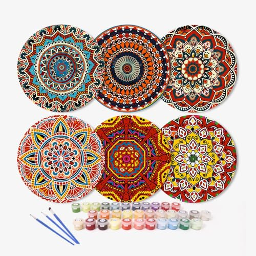 Lebartm Set di 6 tovagliette da dipingere con i numeri, per adulti, rotonde, con pittura a olio, tovagliette, Natale, moderno, per tavolo da pranzo, cucina, decorazioni per la casa, mandala