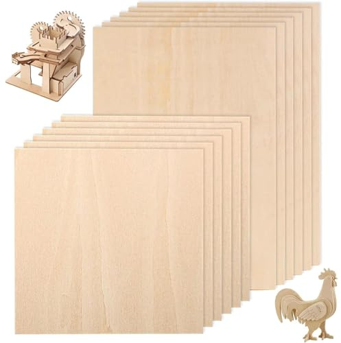 12 PCS Basswood Sheets, 2mm Thin Craft Plywood Sheets, Blank Natural Wood Squares for DIY Crafts, Painting, Model Building (Sizes: 200x100mm, 100x100mm)